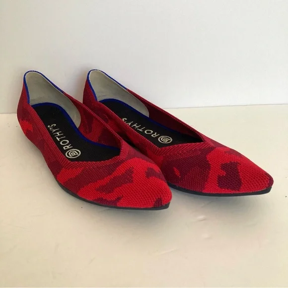 Rothy’s Red Camo Knit Point Toe Slip On Ballet Flat Shoes Size 8 - Picture 2 of 12